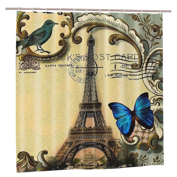Vintage Paris Eiffel Tower Shower Curtain Bathroom Decor Waterproof Butterfly Bathroom Curtains Shower with 12 Hooks, 72×72 inch