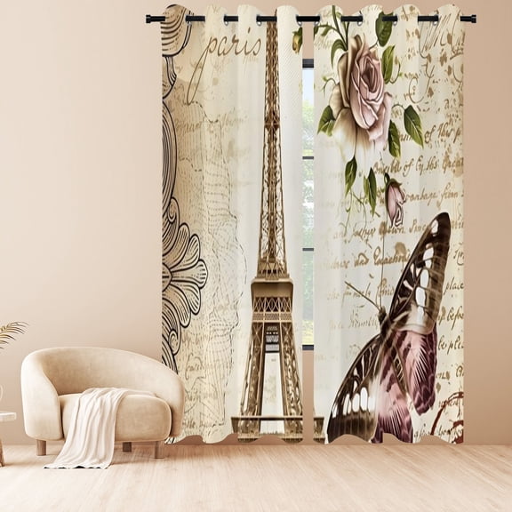 Vintage Paris Eiffel Tower with Rose and Butterfly Window Curtains, Retro French Blackout Drapes 2 Panels for Bedroom Living Room
