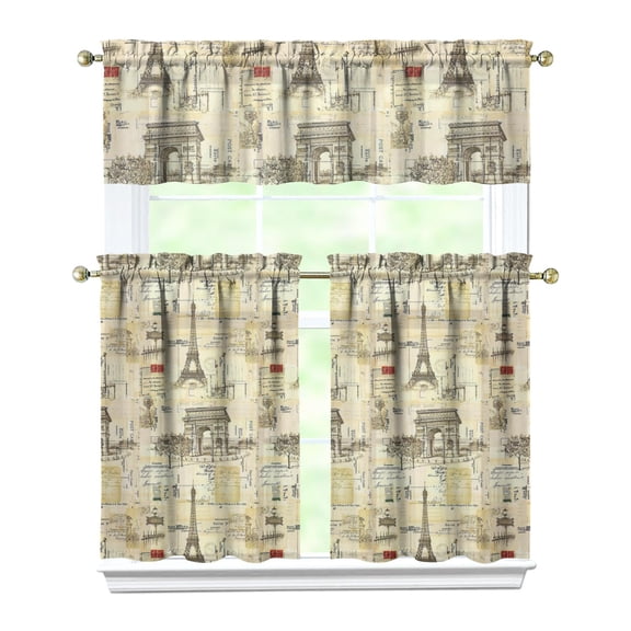 Vintage Paris Fashion Kitchen Curtains Set, Airplane Journey Travel Adventure Tier and Valance Curtains, Light Filtering Window Treatment for Girly Pink Kitchen or Small Balcony