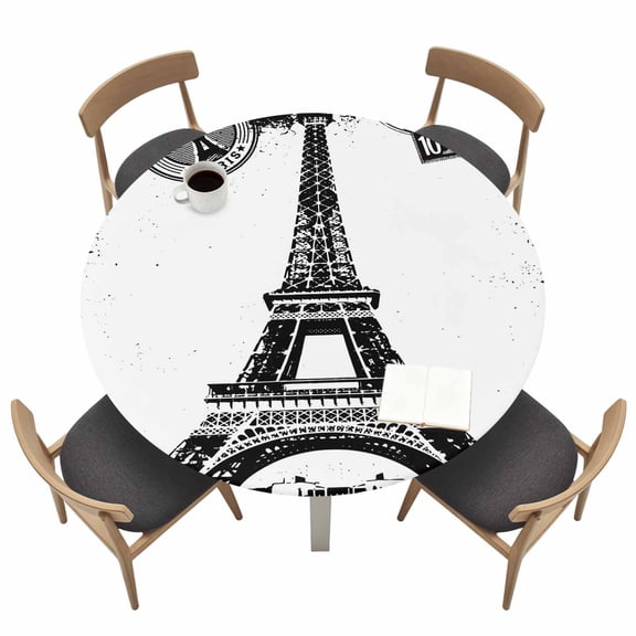 Vintage Paris Fitted Tablecloth with Elastic Edged, Round Table Cloth for Dining Table, Chic Shabby Retro Landscape Black White Waterproof Oil Proof Table Cover for Indoor Outdoor 45"-54"