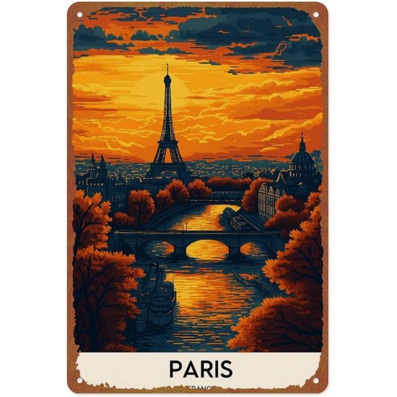 Vintage Paris France Metal Wall Art Poster Tin Sign 12x8 Inches for Home Bedroom Office Bathroom Décor
