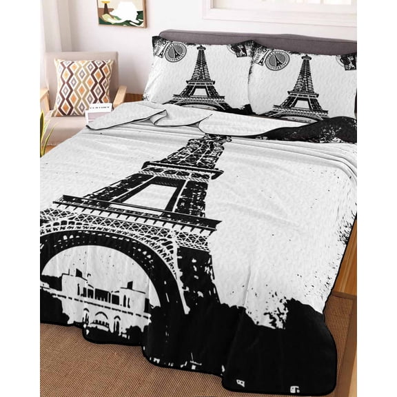 Vintage Paris King Size Down Alternative Comforter, Lightweight Comforter Quilt Bedding Set with Pillow Shams Chic Shabby Retro Landscape Black White All Seasons Bed Comforter Duvet Insert 96"x106"