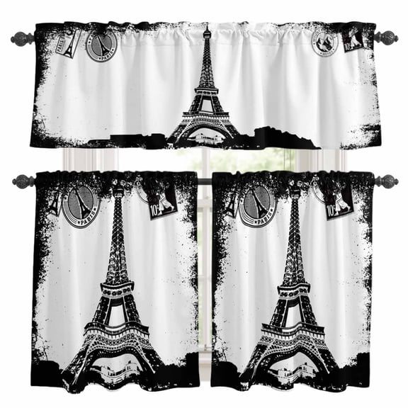 Vintage Paris Kitchen Curtains Sets for Windows 24 Inch Length, Chic Shabby Retro Landscape Black White Rod Pocket Window Treatments Tier Curtains and Valances Set for Bedroom/Bathroom