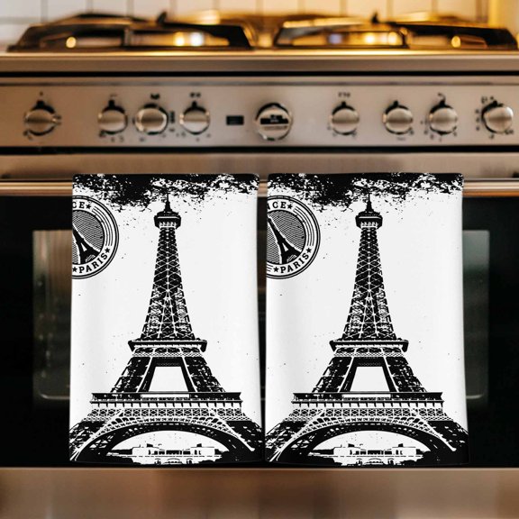 Vintage Paris Kitchen Towels Set of 1, Chic Shabby Retro Landscape Black White Absorbent Dish Towels for Kitchen, Microfiber Hand Towel, Quick Drying Tea Towel for Cleaning Decorative Dishcloths