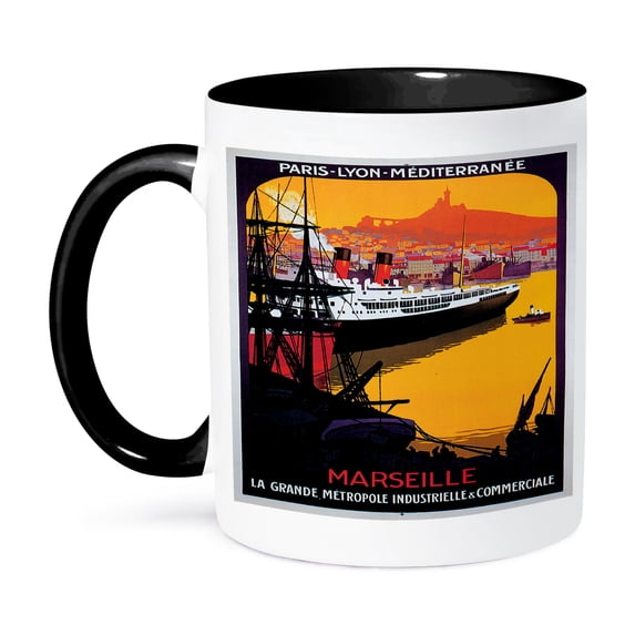 3dRose, Vintage Paris Lyon Mediterranee Steam Ship Travel Poster, 11oz Two-Tone Black Mug