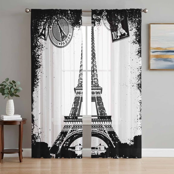 Vintage Paris Sheer Curtains 63 Inch Length 2 Panels Set, Chic Shabby Retro Landscape Black White Voile Window Treatment Rod Pocket Curtains Sheers Drapes for Bedroom/Living Room/Kitchen 52x"63"x2
