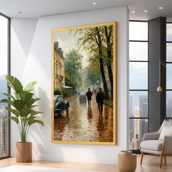 Vintage Paris Street Scene, Autumn Rainy Day Wall Art, Classic European Cityscape, Elegant Urban Landscape, Home Decor UNFRAMED Poster, Wall Art for Decor, Present, 8x12