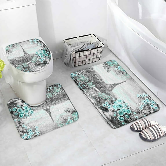 Vintage Paris Tower Bath Mats Set Pink Flower City Scenery Painting Home Bathroom Decor Door Carpet Rug Anti-Slip Toilet Lid Mat