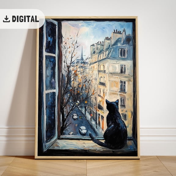 Vintage Paris Wall Art, Black Cat French, Bonjour France View Balcony Decoration, Stretched Canvas Size 12x18