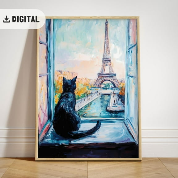 Vintage Paris Wall Art, Black Cat French, Eiffel Tower Parisian Poster, Bonjour France, Unframed Canvas Size 12x18