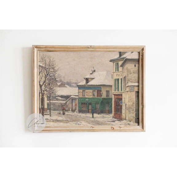 Vintage Paris Winter Street Art, Snowy Café Scene Print, French Village Wall Decor, Antiquelandscape Home Decor #44, Unframed Poster Size 12x18