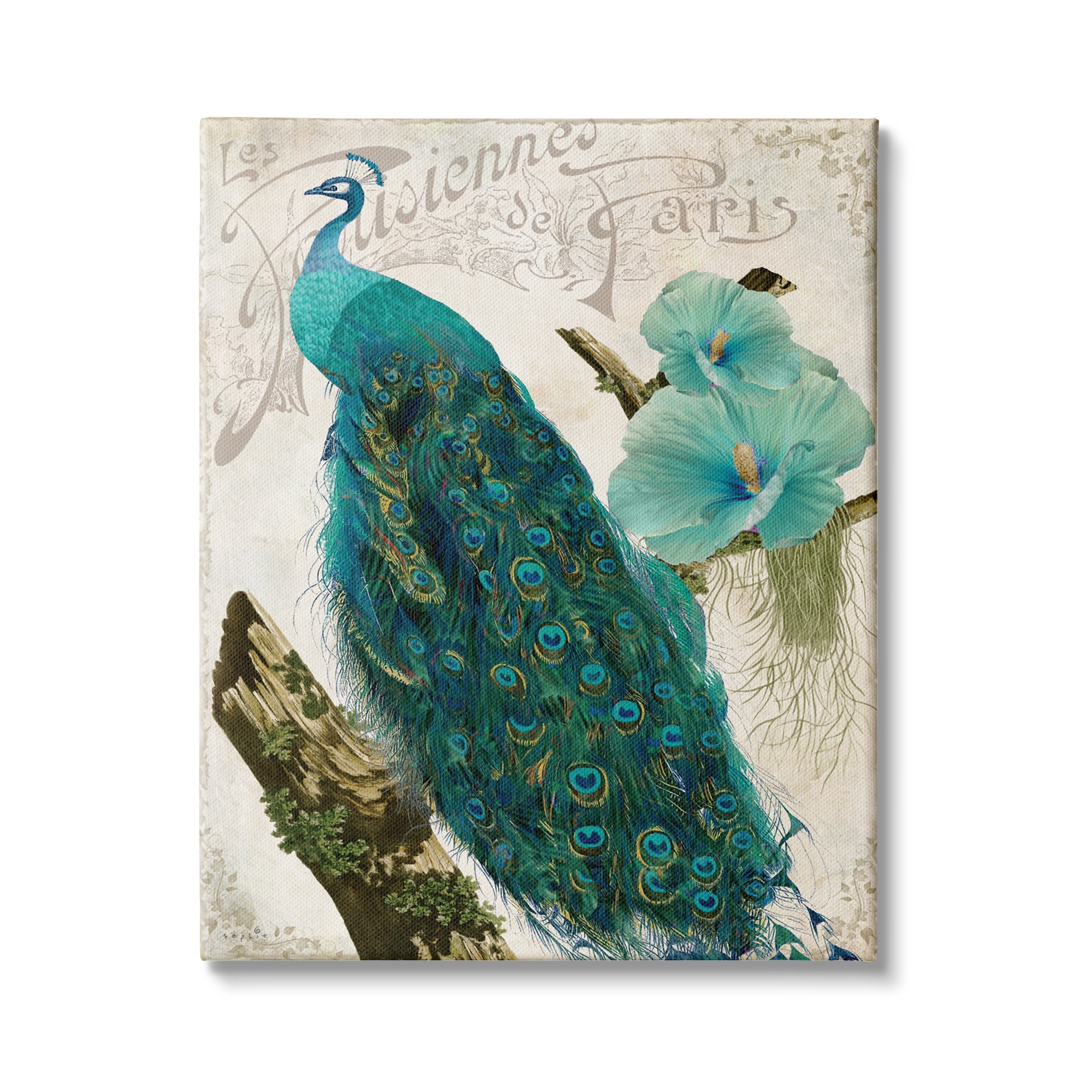 Vintage Parisian Peacock Patterned Bird Blue Hibiscus Flower 30 in x 40 in Painting Canvas Art Print, by Stupell Home Décor