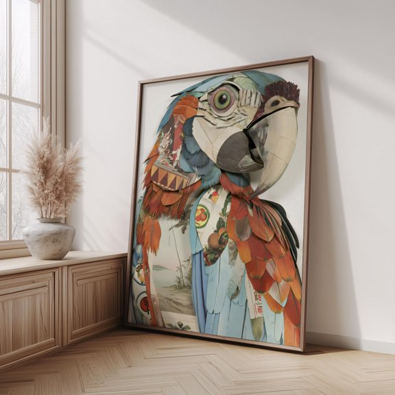 Vintage Parrot Collage Poster Eclectic Tropical Bird Wall Art , Poster Print Only