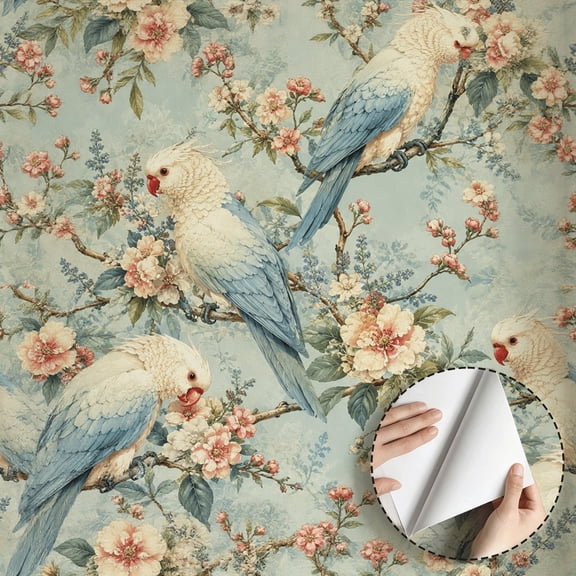 Vintage Parrot Floral Wallpaper Peel and Stick, Farmhouse Boho Contact Paper Waterproof Removable, Cute Bird Flower Home Decor for Bedroom Bathroom Kitchen Cabinet Drawer 17.7 * 78.7 in