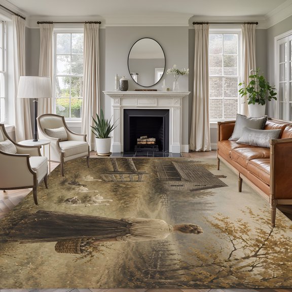 Vintage Pastoral 5'x7' Area Rug, Woman Farm Ducks Impressionist Landscape Washable Non-Slip Soft Rugs, Low-Pile Large Carpet for Living Room Bedroom Dining Room, Non-Shedding Accent Rug