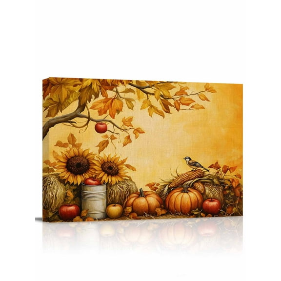 Vintage Pastoral Canvas Print Wall Art Framed Canvas Art Wall Decor Autumn Landscape Fall Harvest Maple Bird Pictures Painting Morden Artwork for Living Room Bedroom, Ready to Hang - 12"x16"