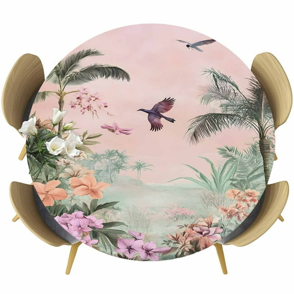 Vintage Pastoral Round Tablecloth 36-44 Inch Round Fitted Table Cloth with Elastic Edge, Farmhouse Botanical Tree Birds Pink Green Waterproof Table Cover Protector for Outdoor Picnic Party Dining