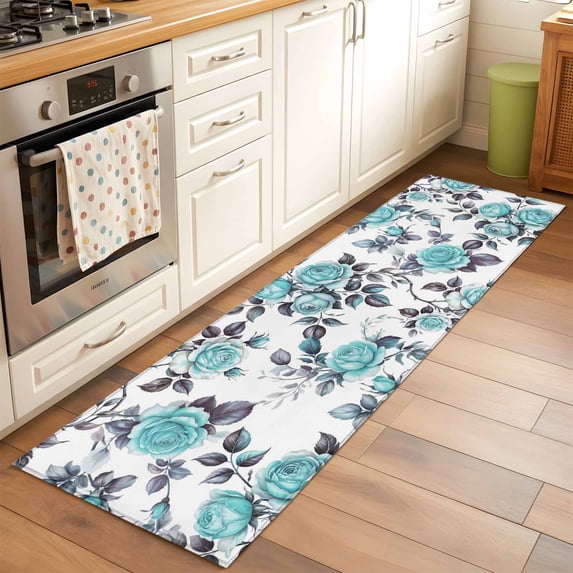 Vintage Pastoral Runner Rugs 2x6 ft Blue Flower Country Art Decoration Washable Hallway Rugs Non-Slip Floor Mats Absorbent Carpet Bedside Runners for Bedroom Kitchen Bathroom Laundry Room