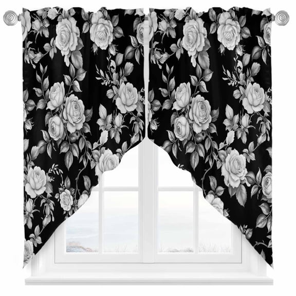 Vintage Pastoral Swag Kitchen Curtain Valances, Black Flower Country Art Decoration Rod Pocket Curtains Window Treatment Decor Valances for Bedroom Bathroom, 2 Panels 28 x 36 Inch