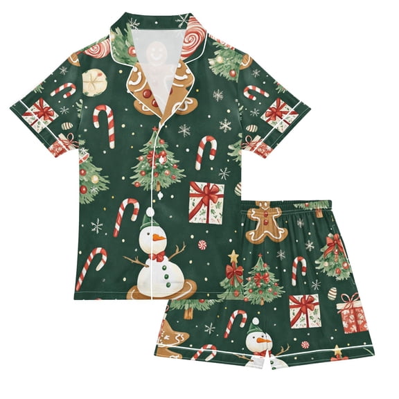 FORMRS Niños Short Sleeve Top and Pants Pajama Set Unisex Satin 2-Piece Sleepwear, Sizes 11-12Y, Green Christmas Trees
