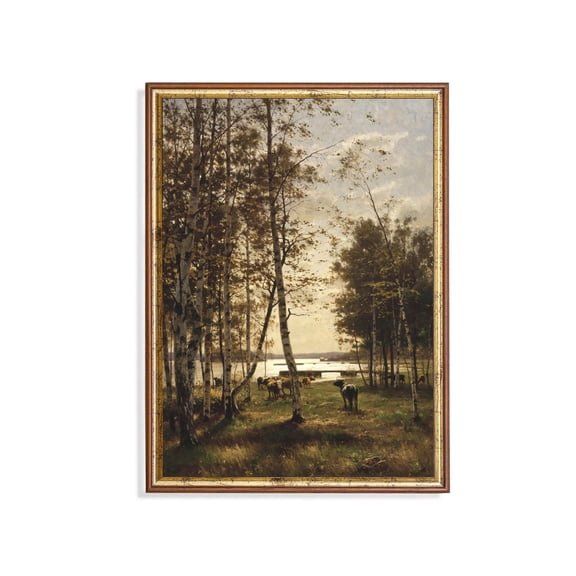 Vintage Pasture Scene Poster Cows Grazing by Lake Unframed Paper Print