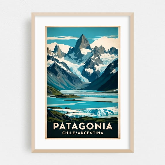 Vintage Patagonia Illustration | Wilderness-Inspired Wall Art - Illustration Travel Poster Mountain Vintage Poster Landscape Nature Winter Oak Framed Wall Art Print 5 x 7 inches