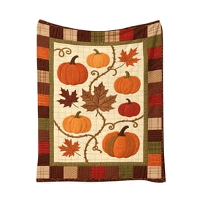 Vintage Patchwork Border Pumpkin Maple Leaf Flannel Throw Blanket, Quilt Style Fall Harvest Blanket, Soft Polyester Decorative Blanket for Sofa, Bed, Autumn Thanksgiving Farmhouse Home Decor