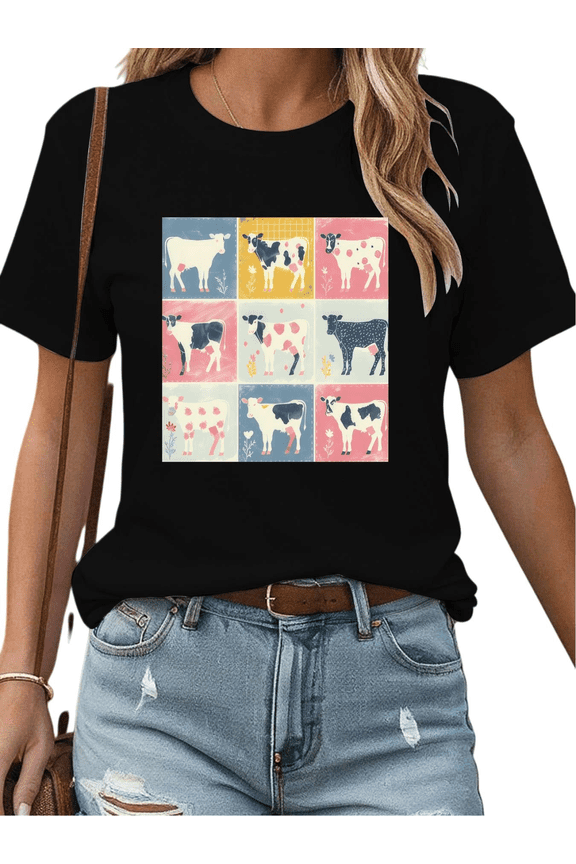 Vintage Patchwork Cow Black S-5XL Women's Cotton Print Tshirt Graphic Tees Shirts Retro Farm Casual Daily Wear Tops