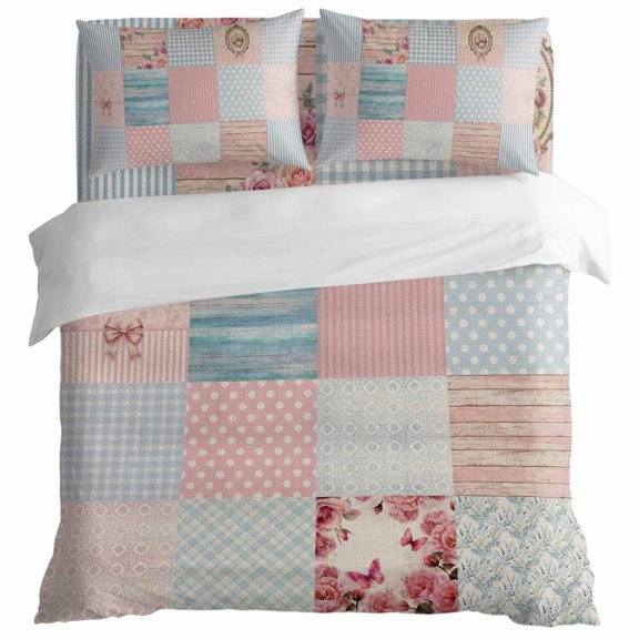 Vintage Patchwork Duvet Cover Set California King Size, Pink Blue Floral Wood Grain Bowknot 4 Piece Bedding Set with Zipper Closure & Corner Ties Soft Breathable Comforter Cover for Bedroom