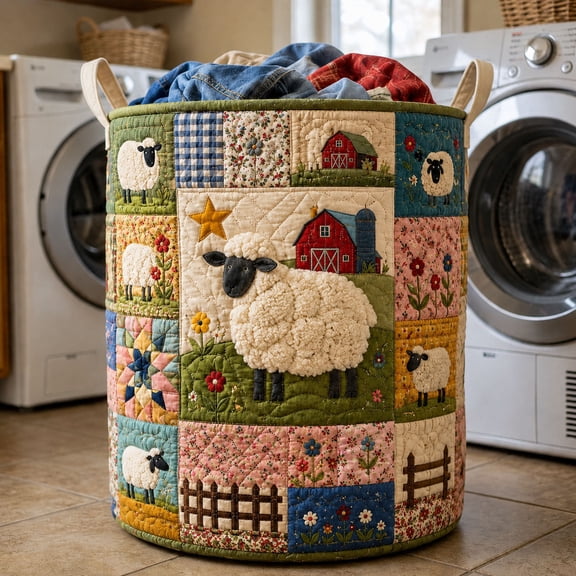 Vintage Patchwork Farm Sheep Quilted Laundry Basket, with Handles, Foldable Clothes Hamper for Bedroom Storage