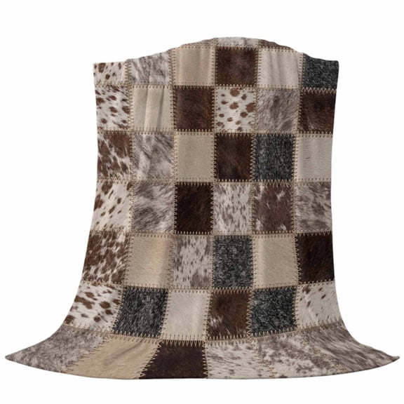 Vintage Patchwork Fleece Throw Blanket Western Rustic Brown Grey White Animal Fur Style Plaid Ultra Soft Fuzzy Cozy Flannel Throw Blanket for Couch Sofa Bed Car Travel, Ideal Gifts 40x50 Inches