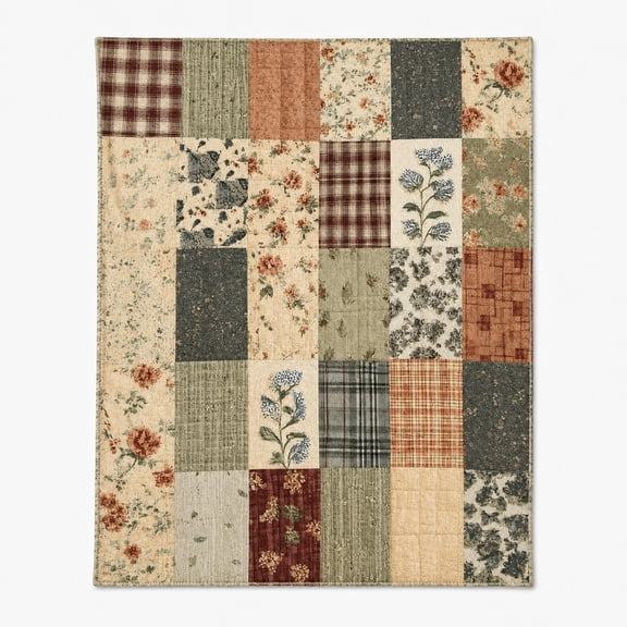 Vintage Patchwork Floral Plaid Fleece Blanket, 280 GSM Polyester Throw