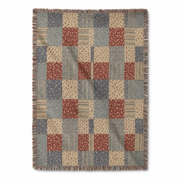 Vintage Patchwork Floral Red, Blue and Beige Woven Throw Blanket, Cotton with Fringed Edges, Rustic, Couch and Bed Home Decor