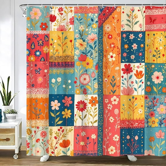Vintage Patchwork Floral Shower Curtain Colorful Patch Boho Flowers Country Plant Wildflowers Botanical Rustic Splicing Farmhouse Girls Fabric Bathroom Decor Curtain Sets with Hooks 72"W x 72"L