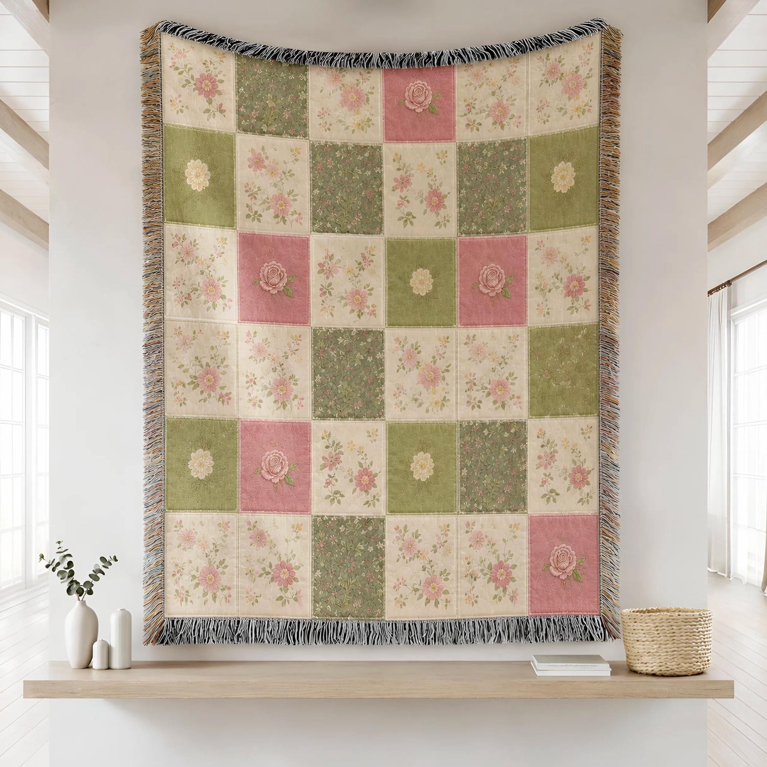 Vintage Patchwork Florals in Sage Green, Dusty Rose and Cream Woven ...