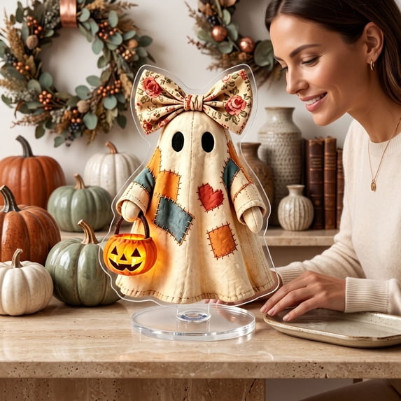 Vintage Patchwork Ghost Acrylic Tabletop Standee, 2D Cute Halloween Ghost Figurine Desktop Decor Plastic Ornament with Base 10cm Height -A