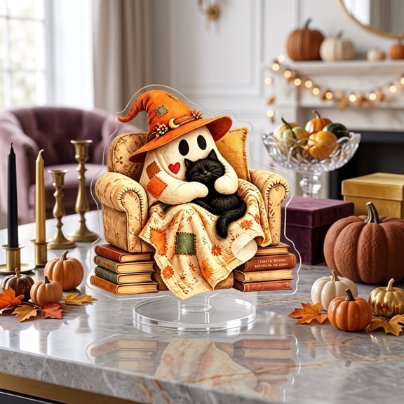 Vintage Patchwork Ghost Acrylic Tabletop Standee, 2D Cute Halloween Ghost Figurine Desktop Decor Plastic Ornament with Base 10cm Height -B