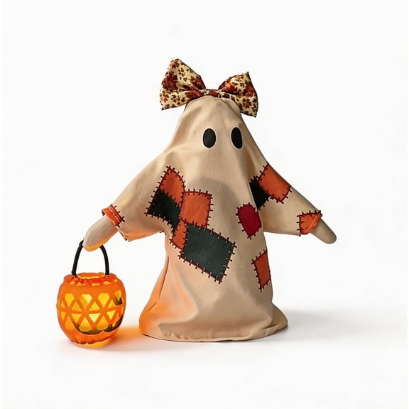Vintage Patchwork Ghost Decor with LED Pumpkin Light 11.81in Halloween Figurine