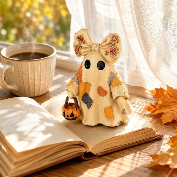 Vintage Patchwork Ghost Figurine, Cute Resin Halloween Ghost Statue with Floral Bow and Pumpkin Basket, Retro Fall Tabletop Mantel Shelf Entryway Porch Decor for Halloween Thanksgiving Home Party