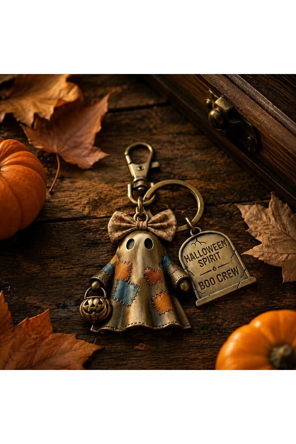 Vintage Patchwork Ghost Keychain,Halloween Ghost Figurine Ghost Decor,Halloween Decorations Funny Ghost Statue,Cute Spooky Ghost Figurines,Cute Tombstone Pumpkin Bow Key Ring for Keys Backpack Purse