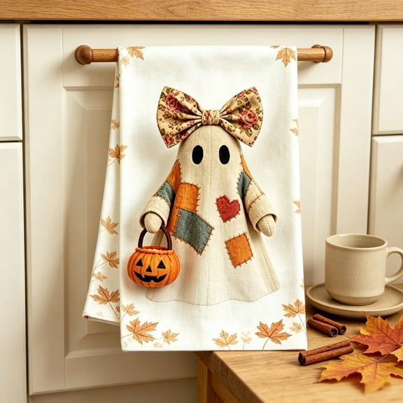 Vintage Patchwork Ghost Kitchen Towel, Cute Fall Maple Leaf Decorative Dish Hand Towel for Halloween Farmhouse Home Decor (Multicolor, 23.6x15.7Inch)