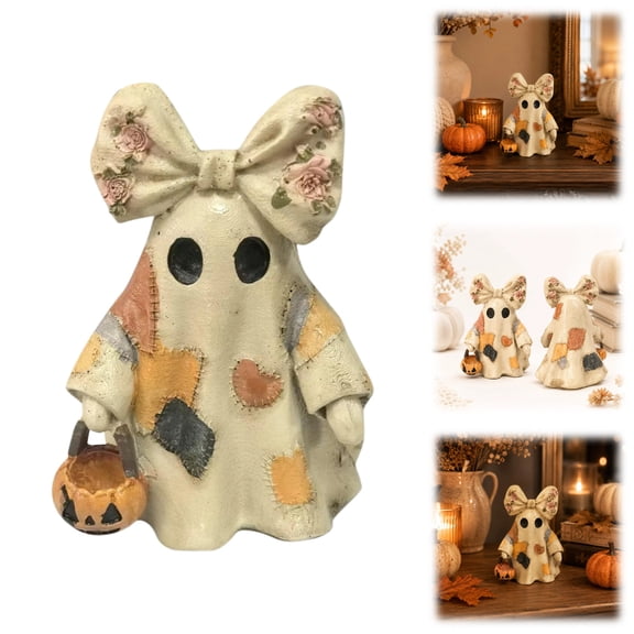 Vintage Patchwork Ghost, Resin Ghost with Pumpkin Lantern Halloween Decor, Vintage Halloween Patchwork Ghosts for Mantel Shelf Entryway Porch (Resin Version Without Lights)
