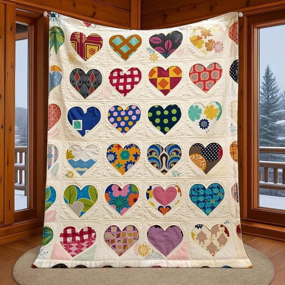 Vintage Patchwork Heart Quilt Throw Blanket | Colorful Bedspread for Bedroom Living Room Couch Sofa, Decorative Quilted Coverlet, All Season Soft Warm Bedding Accessory, 280gsm
