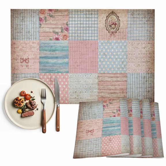 Vintage Patchwork Placemats Set of 2, Rustic Floral Farmhouse Plaid Wooden Plank Washable Wipeable Table Mats for Dining Tables, Indoor Outdoor Kitchen Place Mats for Holiday Party Table Decor