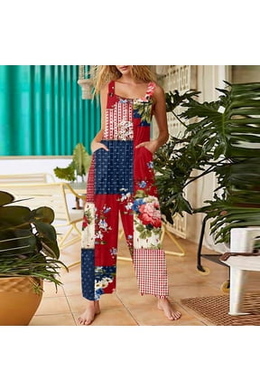 Vintage Patchwork Quilt Overalls Country Style Jumpsuit Loose Fit Red 5XL