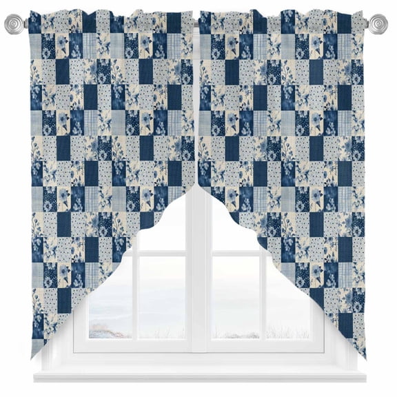 Vintage Patchwork Swag Kitchen Curtain Valances, Blue Flowers Polka Dot Linen Rod Pocket Curtains Window Treatment Decor Valances for Bedroom Bathroom, 2 Panels 36 x 36 Inch