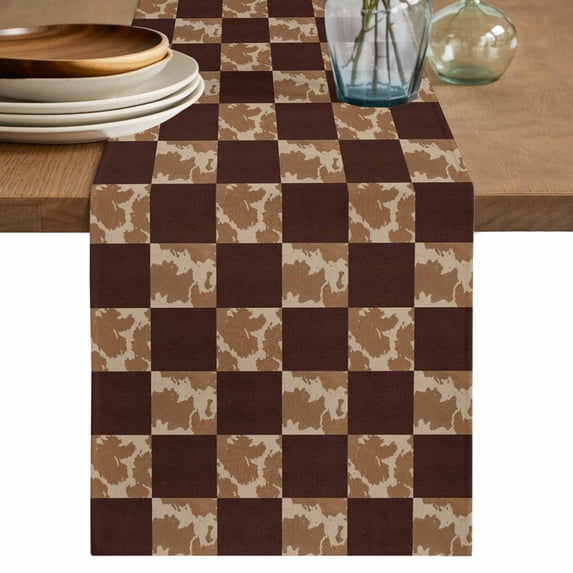 Vintage Patchwork Table Runner, Western Brown Animal Texture Plaid Washable Cotton Linen Table Runners 36 Inches Long, Dresser Scarf Runner for Nightstand/End Tables/Round Tables 13''x36''