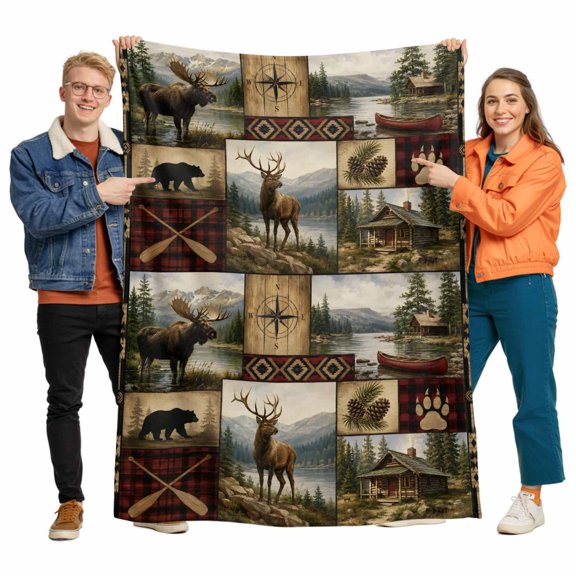Vintage Patchwork Throw Blanket Flannel Fleece Throws, Forest Elk Bear Lightweight Super Soft Warm Blankets for Couch Sofa Bed All Season Use,30x40 IN