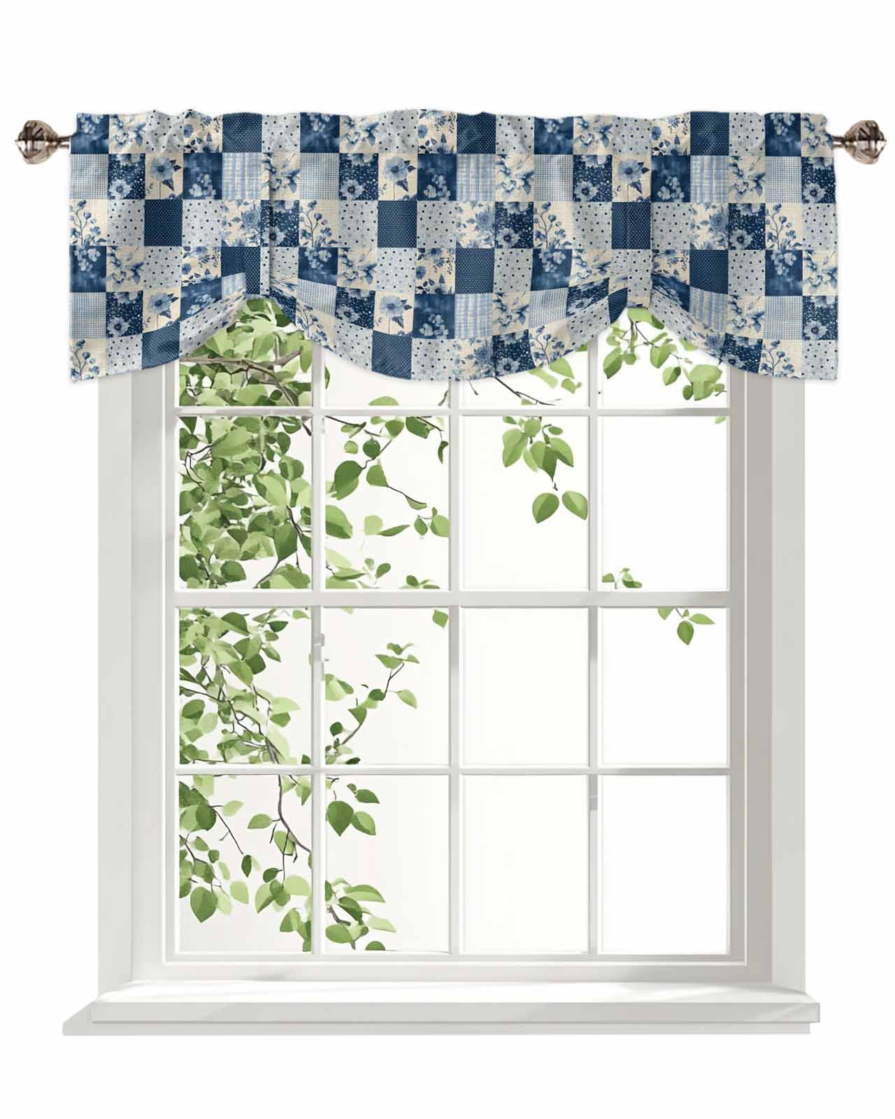 Vintage Patchwork Tie Up Valances Curtain, Blue Flowers Polka Dot Linen Kitchen Valances for Windows Decor, Rod Pocket Short Curtains Set for Bedroom/Bathroom, 60"x18"