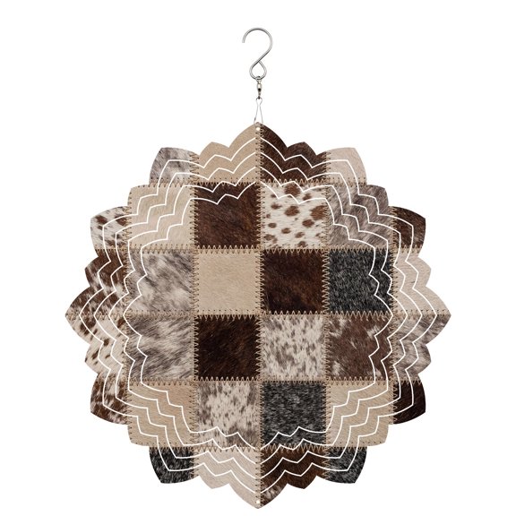 Vintage Patchwork Wind Spinner for Garden Yard 8In, Western Rustic Brown Grey White Animal Fur Style Plaid 3D Stainless Steel Kinetic Hanging Wind Spinners Rustproof Outdoor Decor for Lawn Patio Home